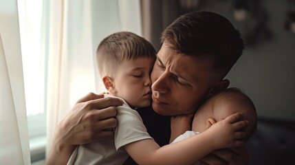 father's day concept photo of father and children indoors --chaos 30 --ar 16:9 Job ID: a099294e-6970-4cff-a6c6-ef506ae07be7