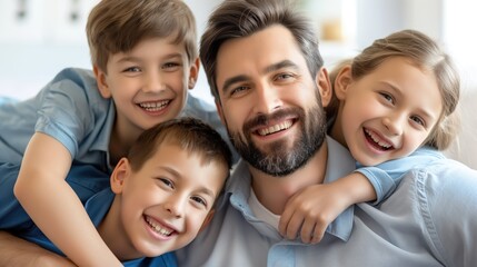 Obraz premium Happy single father with his kids boy and a girl spending quality family time together indoors smiling at camera
