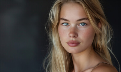 Naklejka premium Young woman (student) portrait. Blond hair and blue eyes
