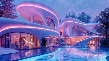 Fototapeta premium A futuristic modern mansion with organic shapes and neon lights, illuminated at twilight, overlooking a serene pool surrounded by trees.