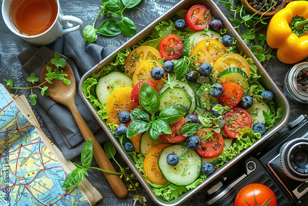 Wall mural A vibrant, healthy salad in an airtight lunch box on the table - Wall murals
