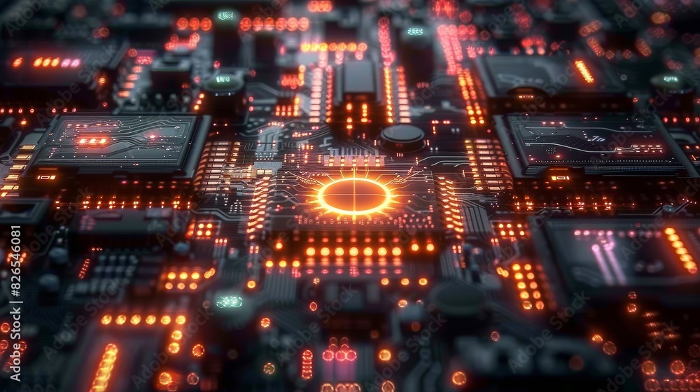 Aufkleber detailed view of a computer circuit board showing electrical pathways, chips, and connectors.