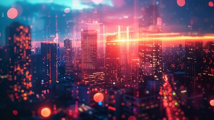 Obraz premium Metropolitan towers elevating with bright lights close up, focus on, copy space Vibrant urban tones Double exposure silhouette with urban glow