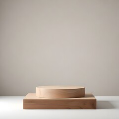 a wooden product podium on a flat minimal background.