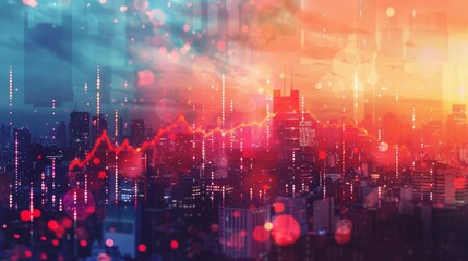 Obraz premium Highrise structures extending with an upward arrow close up, focus on, copy space Bold cityscape colors Double exposure silhouette with growth