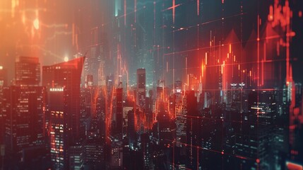 Obraz premium Modern city buildings crumbling with a downward financial graph close up, focus on, copy space Intense architectural details Double exposure silhouette with financial crisis