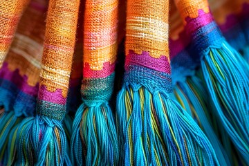 Fabric texture of a colorful scarf with fringe in ethnic style.
