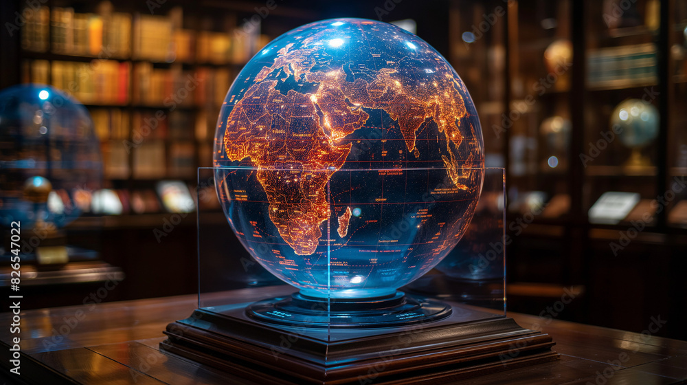 Poster a holographic globe displaying real-time data visualizations for different regions.