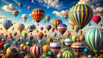A vibrant and whimsical scene of colorful balloons floating in the sky, each one uniquely shaped and patterned, creating a diverse and visually stunning display.