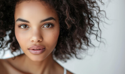 Woman Face Portrait. Big lips and curly hair