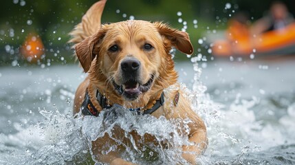 Golden Retriever running happily through the water, looking very excited.