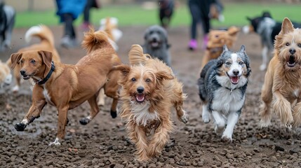 Group of happy dogs of different breeds run and play together in the park on a sunny day