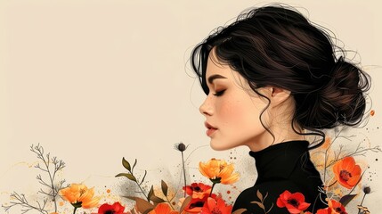Fototapeta premium portrait of a woman with dark hair, minimalistic collage with flowers and leaves in a vintage style