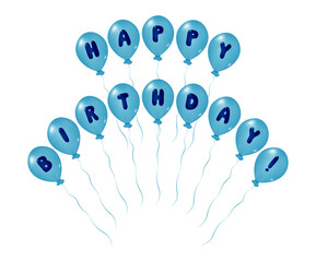 Bundle of blue balloons with text of Happy Birthday. Concept of celebration and happy birthday holiday. Flying helium ball illustration with ribbons isolated on transparent background. 