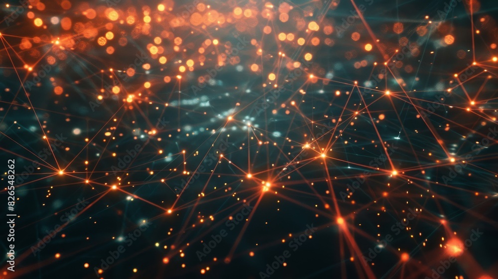 Poster abstract image of a neural network. the image is dark with bright spots of light that are connected 