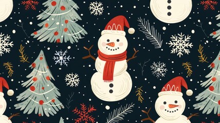Festive Pattern with Snowflakes Frosty the Snowman and Evergreen Tree