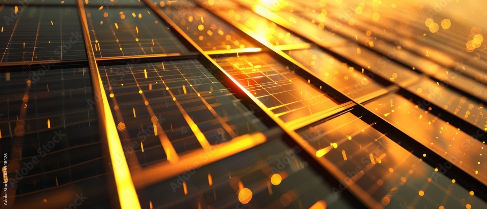 Poster abstract image of glowing golden circuit board with glowing particles.