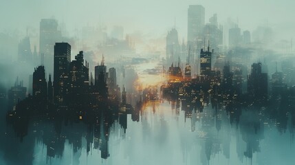 Modern city buildings crumbling in an abandoned city close up, focus on, copy space Intense architectural details Double exposure silhouette with emptiness