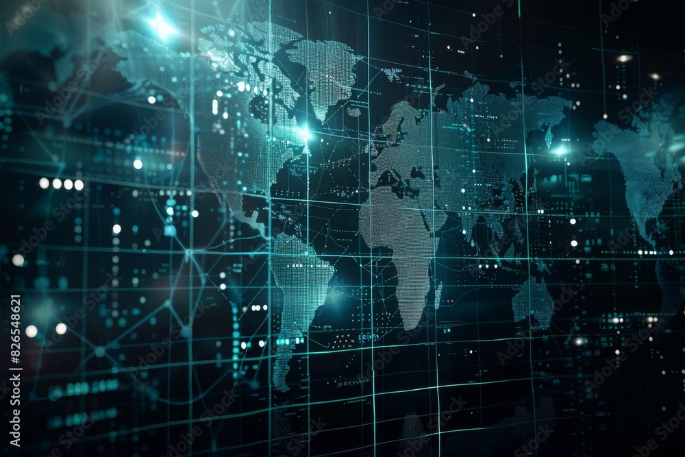 Poster abstract image of glowing plexus world map on dark blue background.