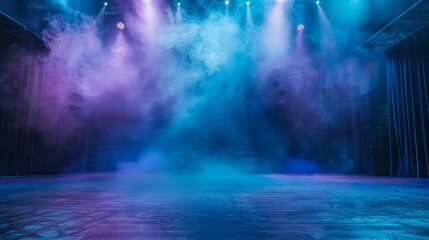 An empty stage, blue and purple lighting, light smoke.