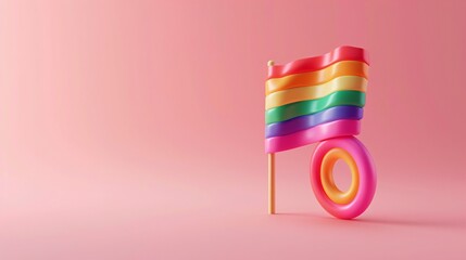 Colorful 3D-rendered LGBTQ+ pride flag against a pink background, symbolizing diversity, inclusivity, and support for the LGBTQ+ community.