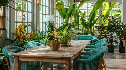 Fototapeta premium elegant summer dining room featuring a wooden table, teal wicker chairs, and a backdrop of tropical plants, bathed in natural light from expansive windows