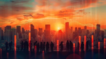 Cityscape expanding upward with an upward financial graph close up, focus on, copy space Lively downtown colors Double exposure silhouette with fiscal prosperity