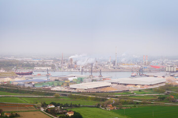 Aerial view of the industrial and port area of Ravenna ,chemical and petrochemical...