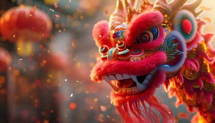 Chinese New Year dragon dance with vibrant colors and confetti in the air
