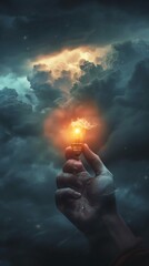A hand holding a light bulb with a stormy sky in the background.