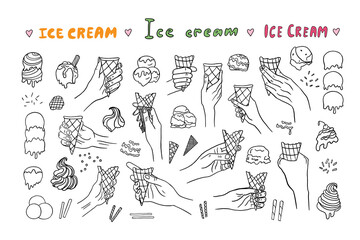 Set of hand with waffle cone. Ice cream constructor in doodle style. Prefabricated ice cream with various fillings, scoops and triple scoops ice cream. Waffle cones for ice cream. Hand drawn