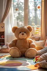 Cozy childs room with large teddy bear, morning sunlight through window, colorful decor, soft focus, wideangle