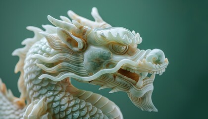 Elegant jade dragon sculpture against a solid green background, highlighting its intricate details