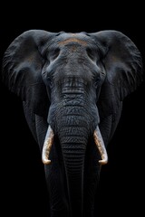 Elephant facing forward, dramatic lighting, black background, powerful and majestic