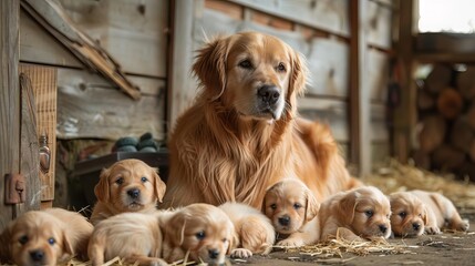 The photo shows a golden retriever dog with her puppies. They are all looking at the camera. The puppies are very cute and playful. The mother dog is very proud of her puppies.