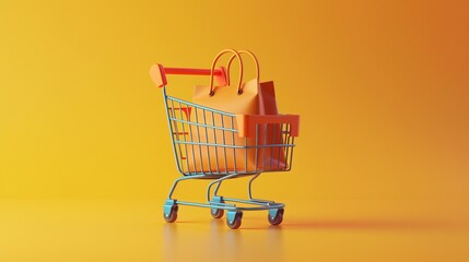 Colorful shopping cart with orange bags on yellow background. Concept of online shopping, retail, and consumerism in modern market.
