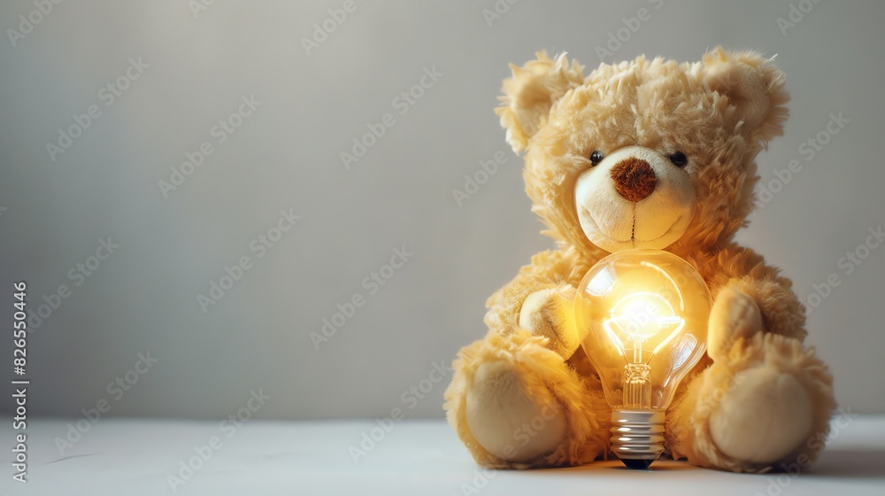 Wall mural Teddy bear holding a glowing lightbulb, white background