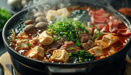 Steaming hot pot with fresh beef, mushrooms, tofu, and greens, top view, against a dark background