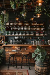 Stylish bar with a wooden counter, stools, and a wall of wine bottles, decorated with plants