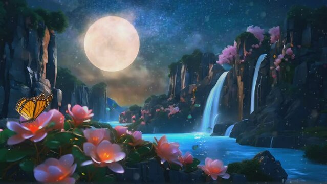 imagine the fantasy beauty of a waterfall under scenes of the fantasy beauty of a full moon and beautiful flowers blooming in cartoon or anime style, seamless looping time lapse virtual 4k video anima