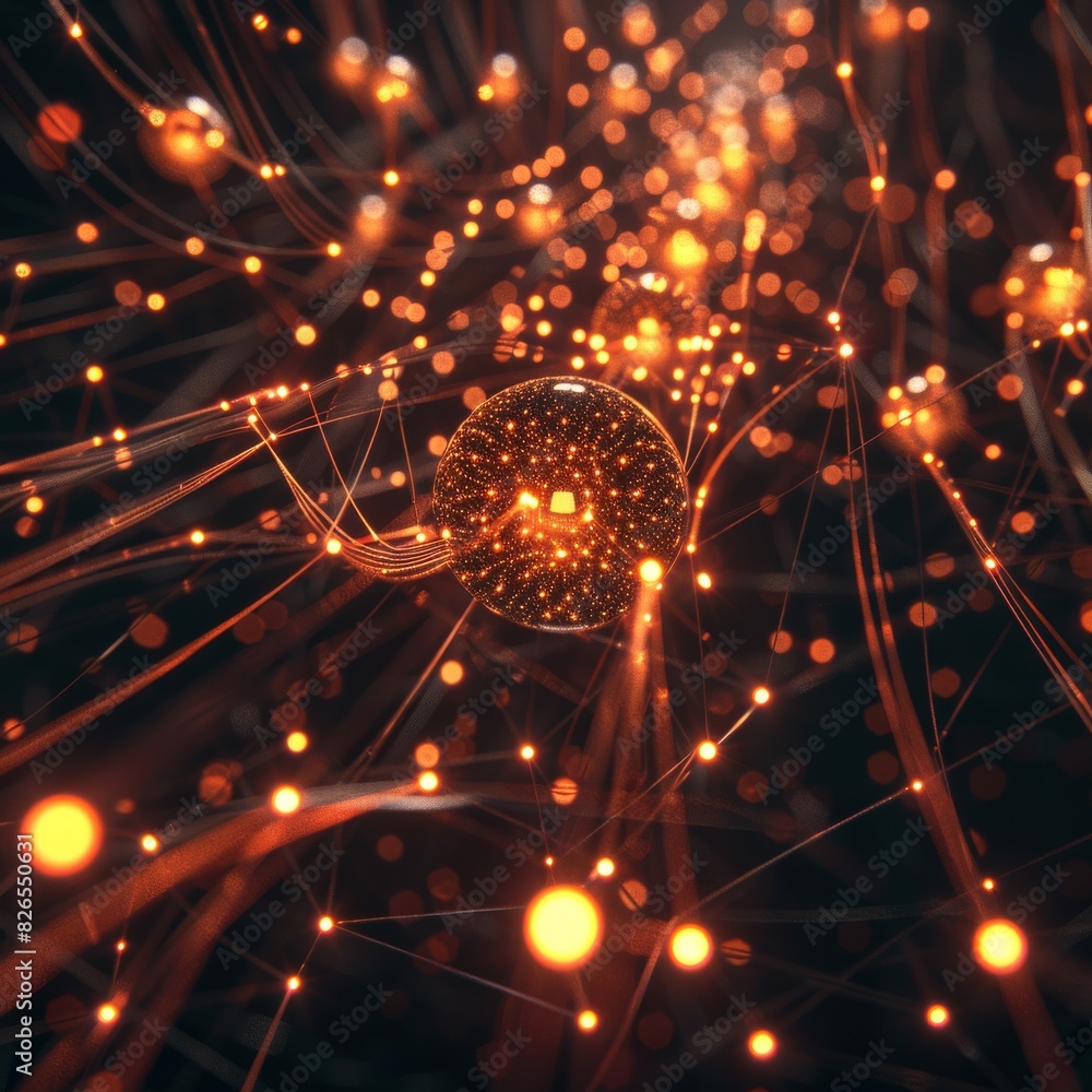 Poster abstract render of glowing network. plexus structure with glowing particles.