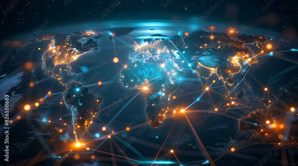 Poster digital world map showcasing a network connections symbolizing global communication, data exchange.