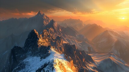 Majestic Mountain Range at Dramatic Golden Sunset Casting Ethereal Shadows Over Rugged Landscape