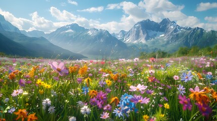 Fototapeta premium Vibrant Wildflower Carpet in Majestic Alpine Meadow with Towering Snow Capped Mountains