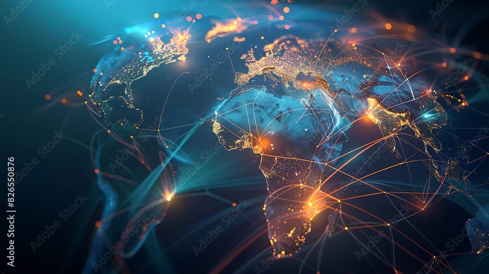 Poster digital world map showcasing a network connections symbolizing global communication, data exchange.