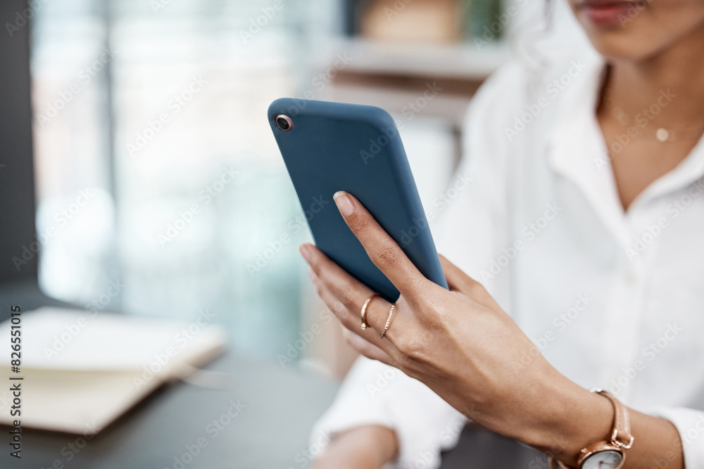 Poster hand, phone and text message with business person in office for corporate communication or networkin