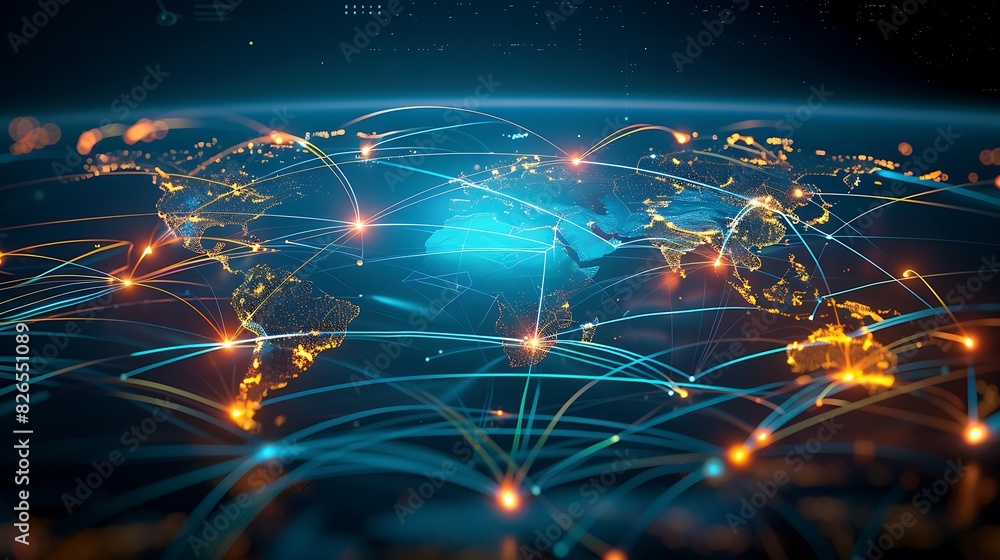 Poster digital world map showcasing a network connections symbolizing global communication, data exchange.