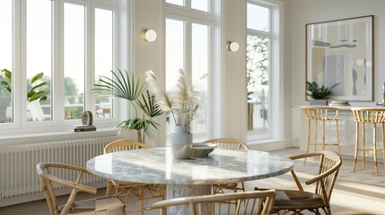 sleek dining room featuring a round marble table, bamboo chairs, and coastal-inspired decor, bathed in natural light from tall windows