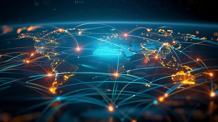 Obraz premium digital world map showcasing a network connections symbolizing global communication, data exchange.