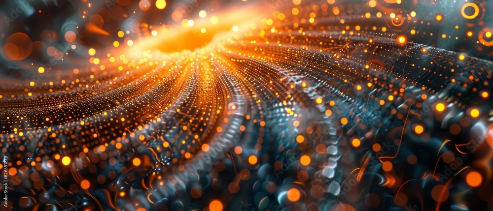 Poster abstract visualization of dynamic particles creating a vibrant, flowing, and luminous pattern, ideal